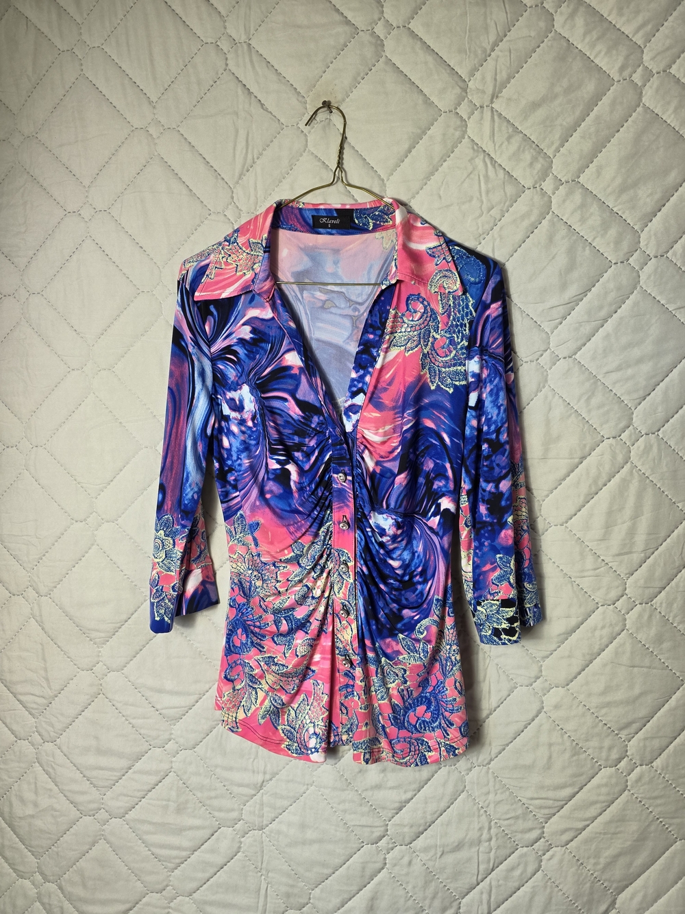 Klaveli Pink & Blue Swirl Button-Front Women’s Top Sz S